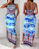 Multicolor Halter Floral Tribal Print Sleeveless Maxi Slit Dress