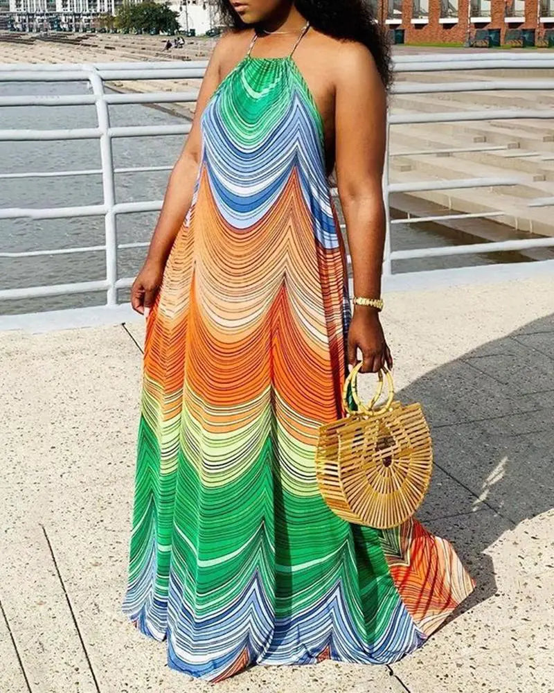 Multicolor Colorblock Halter Sleeveless Maxi Dress