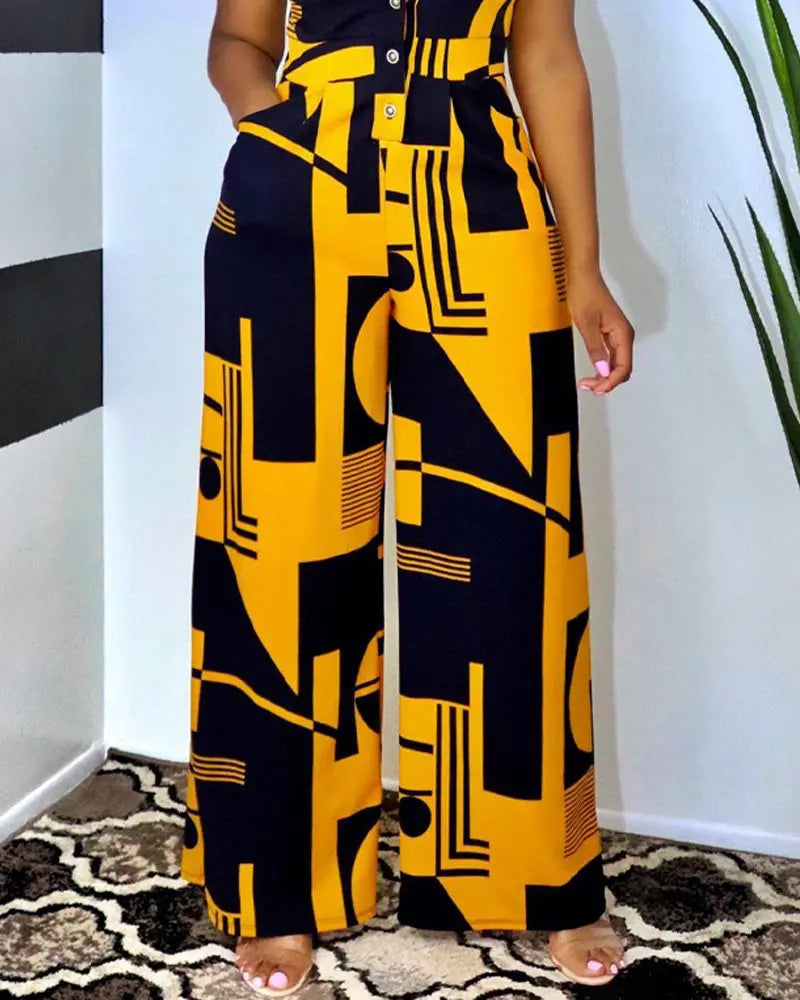 Yellow Geo Print Button Front Wide Leg Jumpsuit