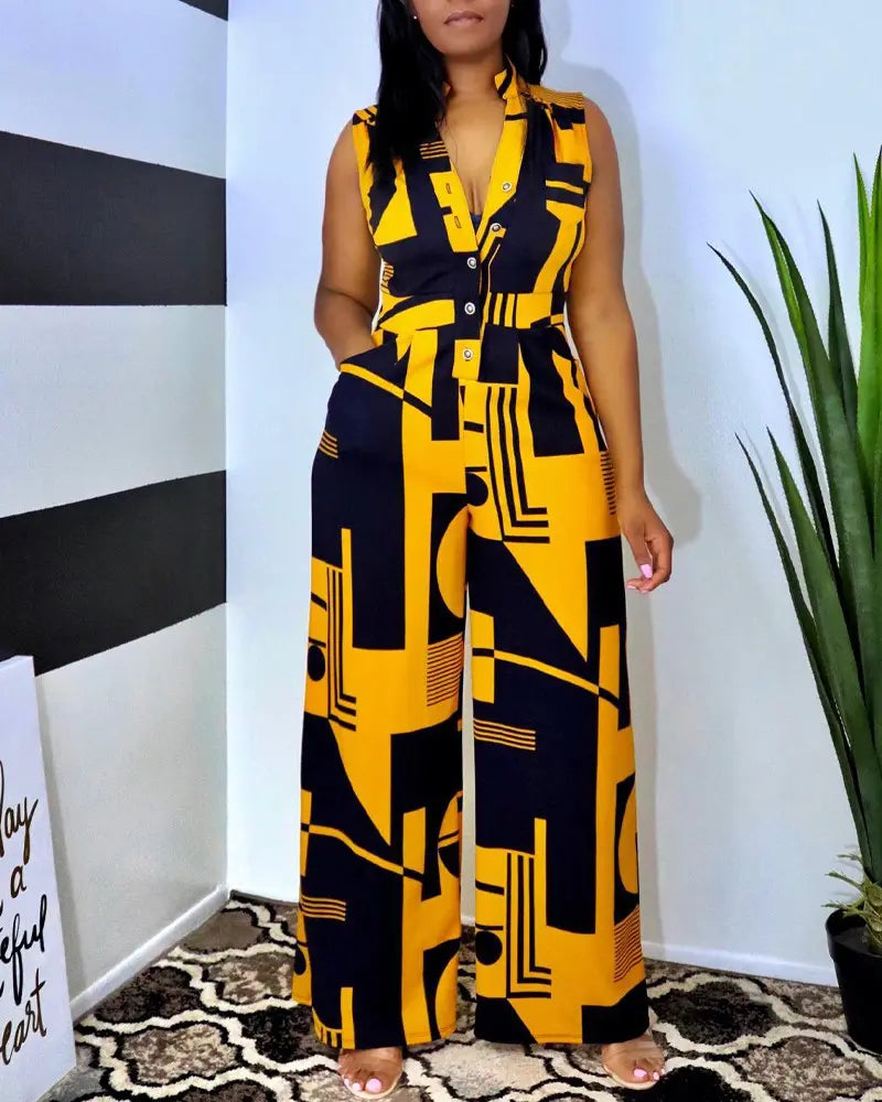 Yellow Geo Print Button Front Wide Leg Jumpsuit