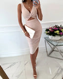 Pink Cutout Twist Design Ruched Bodycon Dress