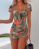 Green Floral Square Neck Tie Front Dress