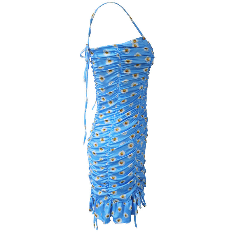 Blue Daisy Print Ruched Drawstring Bodycon Dress