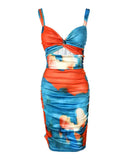 Multicolor Tie Dye Print Twist Ruched Bodycon Dress