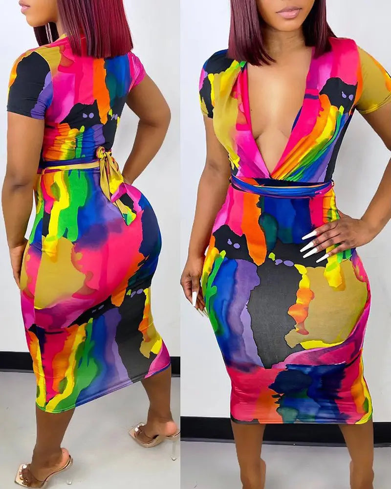 Multicolor Plunge Tie Dye Print Short Sleeve Bodycon Dress