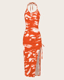 Orange Tie Dye Print Drawstring Ruched High Slit Dress