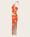 Orange Tie Dye Print Drawstring Ruched High Slit Dress