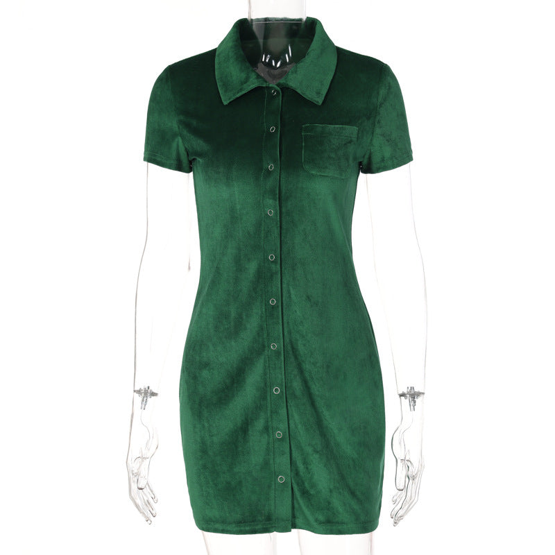 Summer Fashion Green Lapel Row Button Slim Short Sleeve Dress