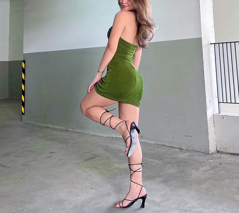 Summer Fashion Green Sexy Hanging Backless Slim Package Hip Dress