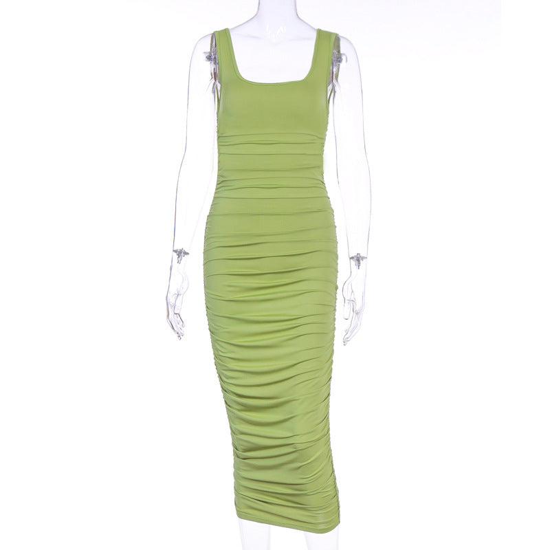 Green Sleeveless Slim Pleated Dress