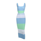 Blue Halter Striped Color Blocking Backless Strap Knit Dress