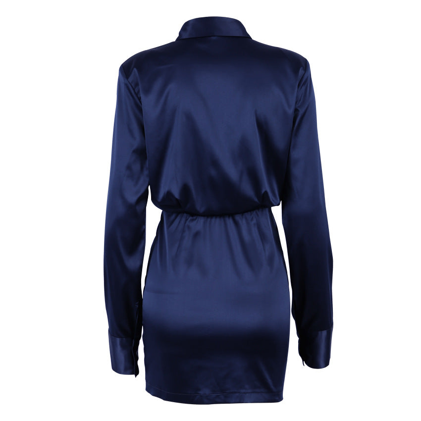 Blue Long-sleeved Shirt Dress Padded Shoulder Sexy Slim Package Hip Short Dress