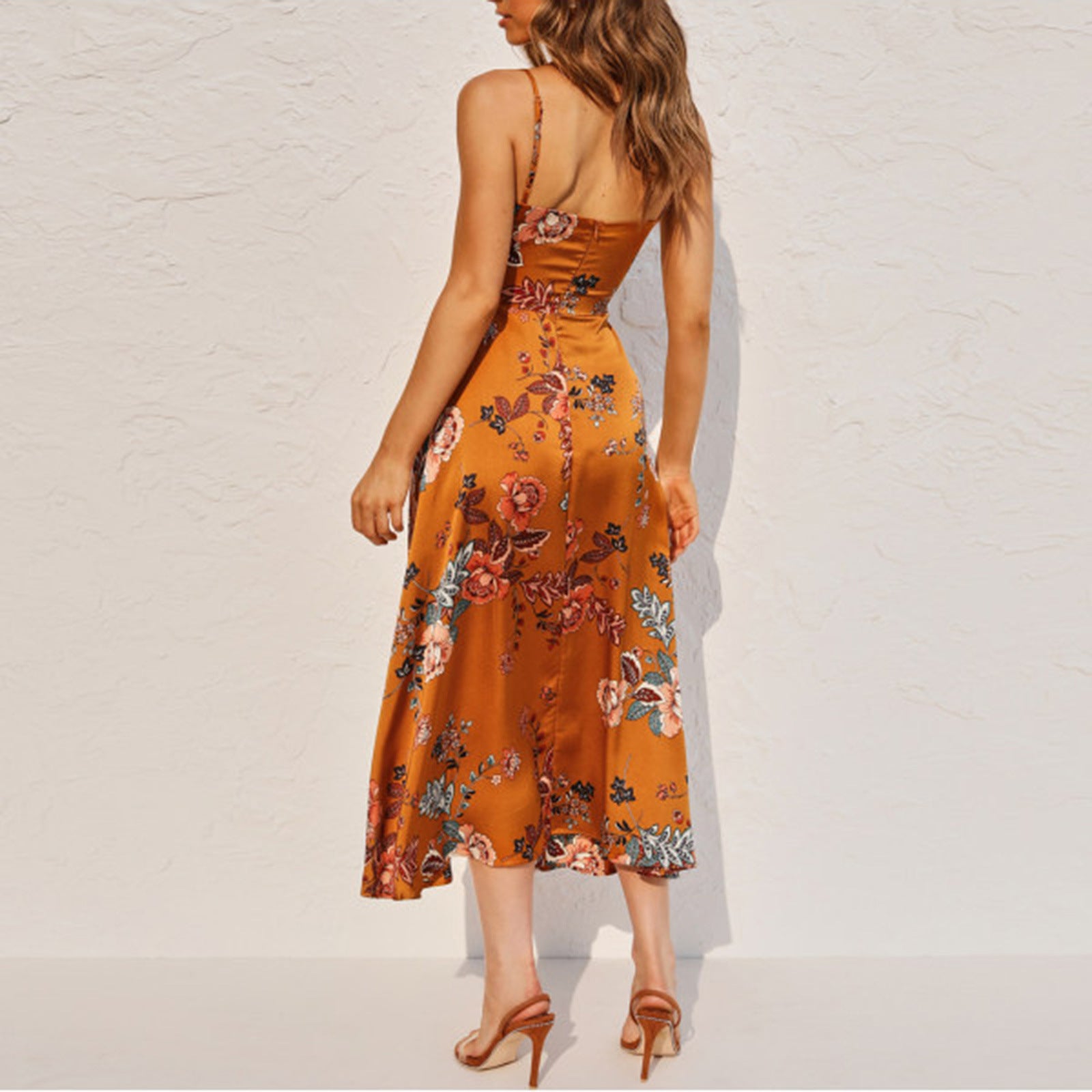 Orange V-neck Halter Printed Women's Bow Backless Dress