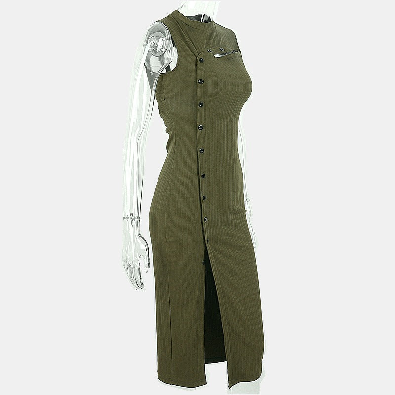 Army Green Sleeveless Hollow Button Patchwork Mid-Length Dress