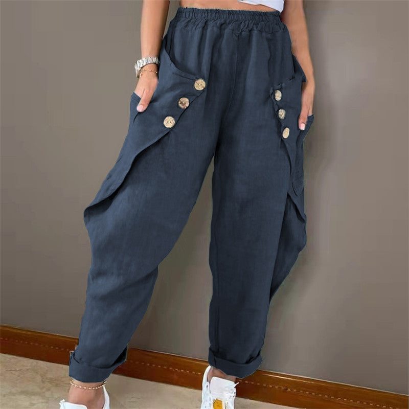 Summer New Women's Casual Pocket Button Waist Casual Trousers