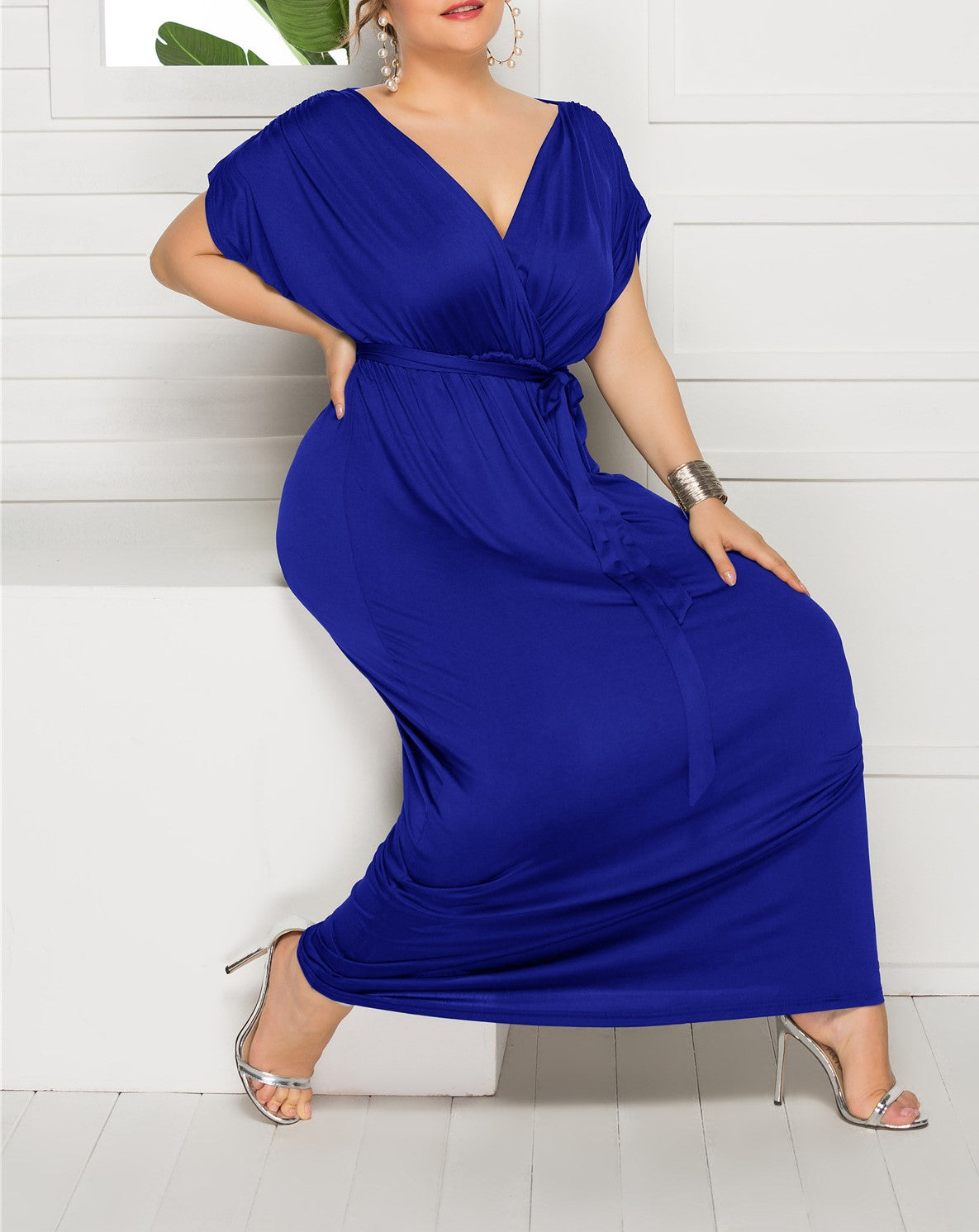 Women's Sexy Solid V-Neck Loose Big Swing Plus Size Dress