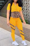 Fashion Casual Print Leopard Split Joint Zipper Collar Short Sleeve Two Pieces