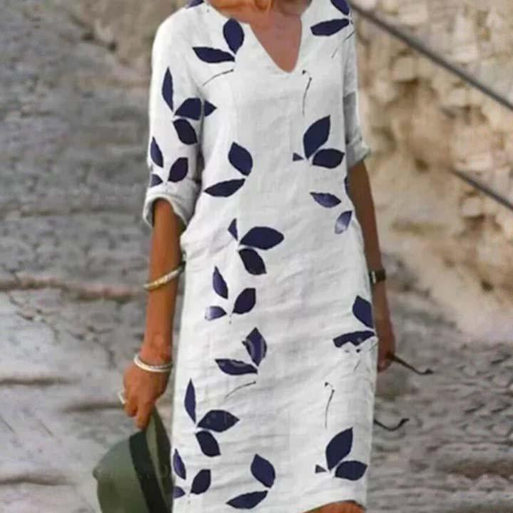 Ladies Printed Cotton Linen Short Sleeve V-Neck Mid Length Dress
