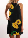 Sunflower Print Halter Open Shoulder Dress