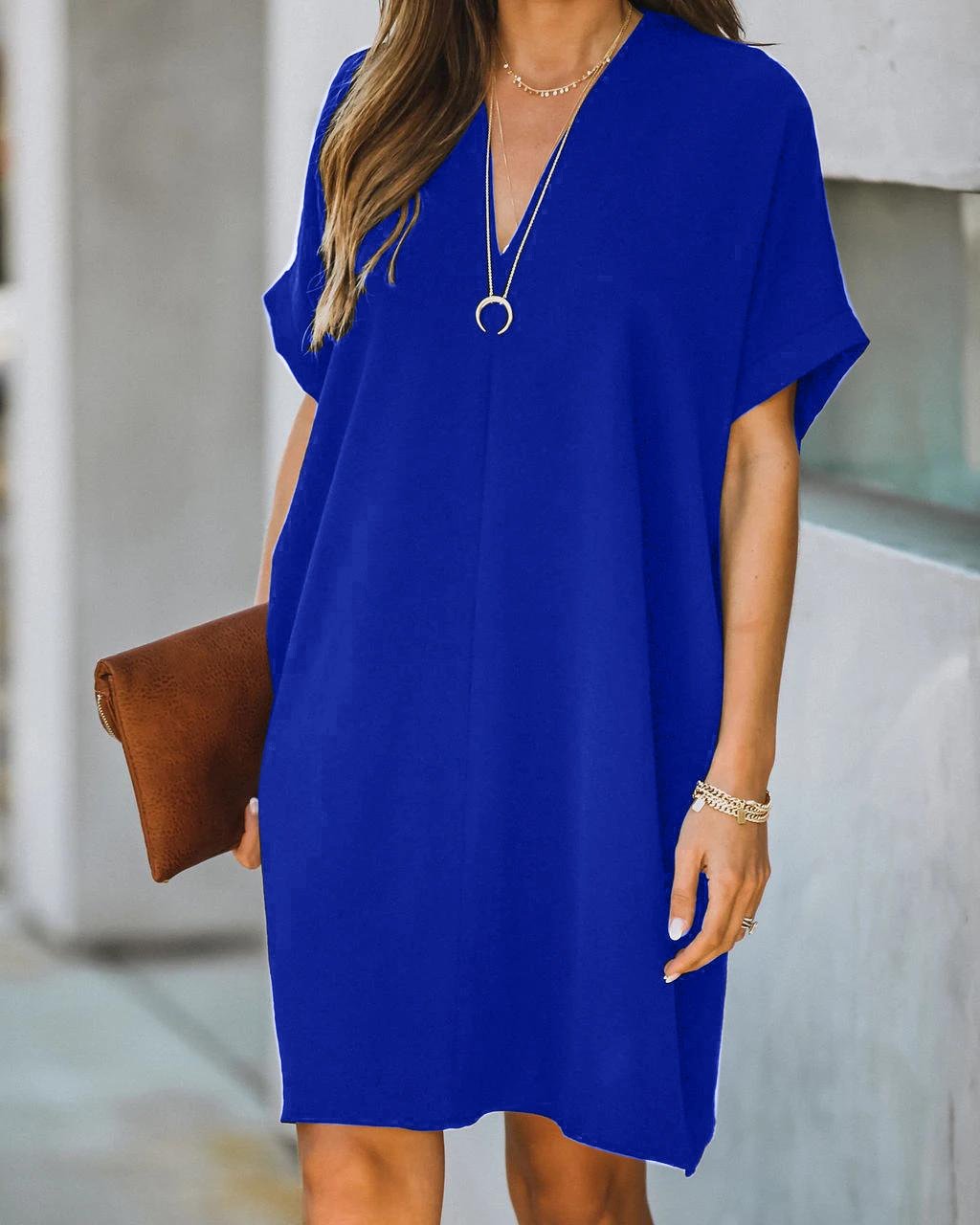 Women's V-neck short-sleeved solid color loose dresses women