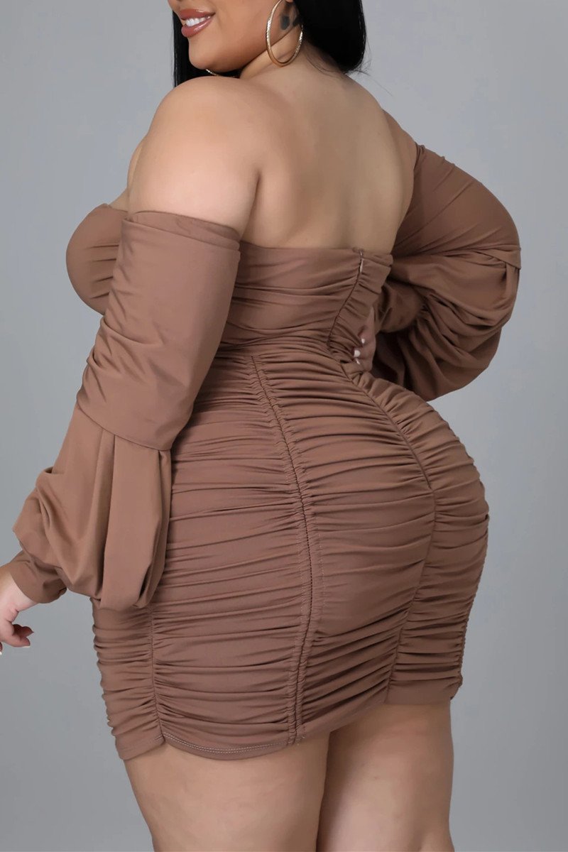 Fashion Sexy Solid Backless Fold Off the Shoulder Long Sleeve Plus Size Dresses