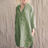 Pure Color Casual Cotton And Linen Lapel Dress
