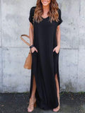 Casual Style Solid Color Short Sleeves High Split Maxi Dress