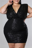 Fashion Sexy Plus Size Patchwork Sequins Backless V Neck Sleeveless Dress