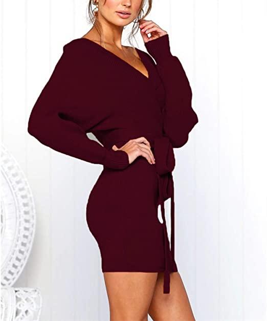 Sexy lace-up v-neck package hip long-sleeved dress