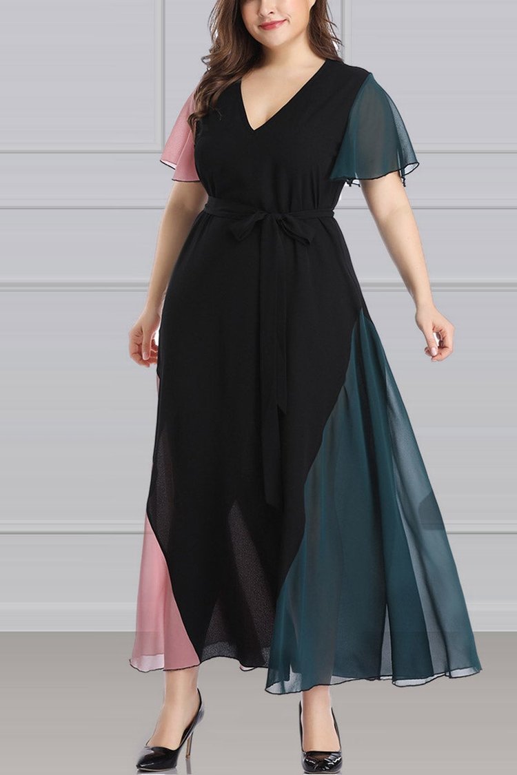 Plus Size Chiffon Party Dress With V-Neck Lace Short-Sleeved Maxi Dress