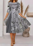3/4 Sleeve Crew Neck Print Fashion Midi Dress