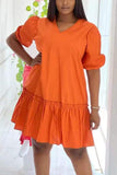 Ruffle V Neck Solid Short Sleeve Mini Dress