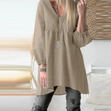 Ladies Cotton Linen V-Neck Casual Simple Style Shirt Dress