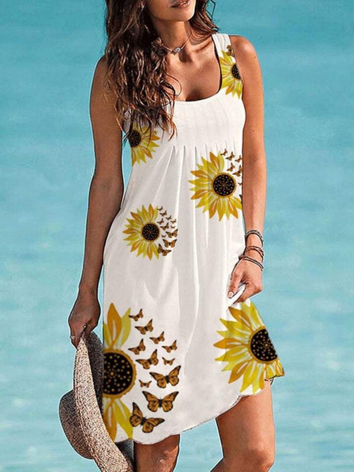 Printed Sleeveless Sunflower Straight Holiday Dress