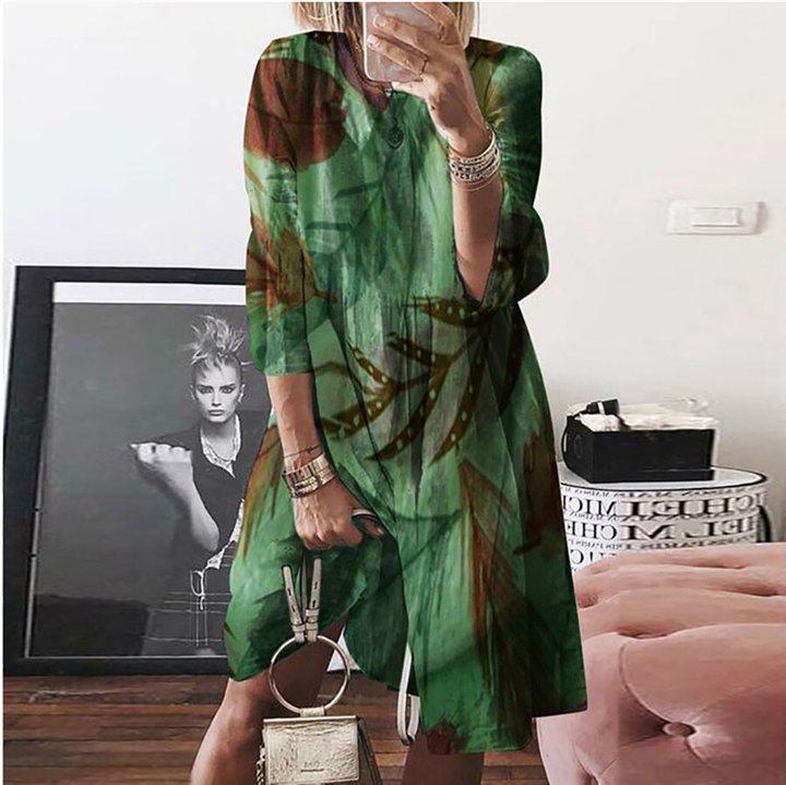 Loose Casual Cotton And Linen Big Tree Leaf Print Dress