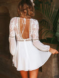 V-Neck Solid Color Long Sleeves Lace Splicing Organza Casual Dress