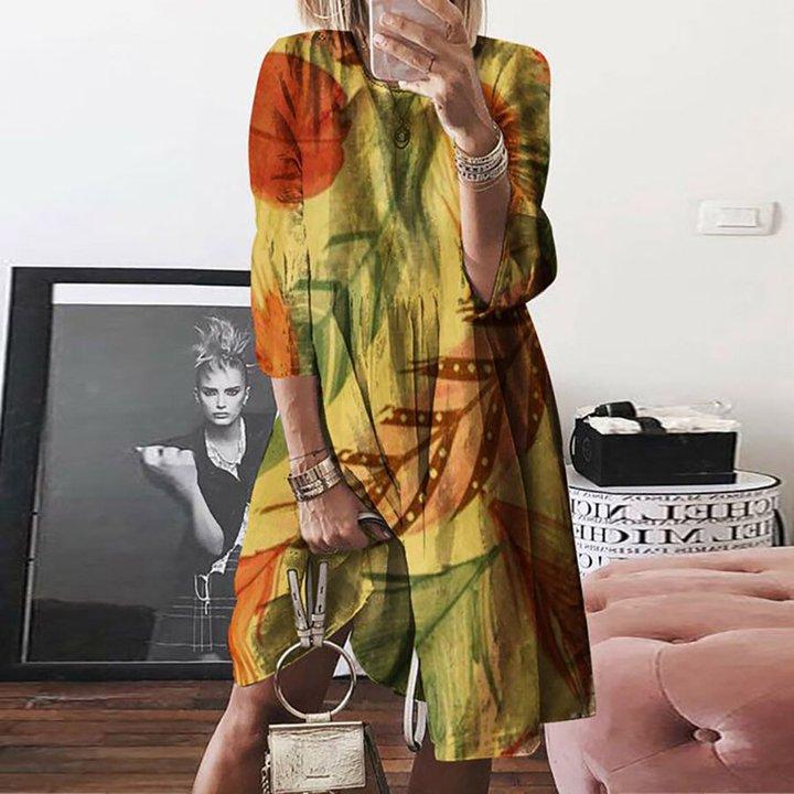 Loose Casual Cotton And Linen Big Tree Leaf Print Dress