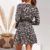 V-neck leopard print long-sleeved chiffon dress
