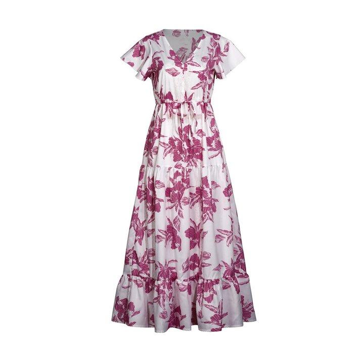 Summer short-sleeved v-neck floral print belted button dress length