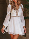 V-Neck Solid Color Long Sleeves Lace Splicing Organza Casual Dress
