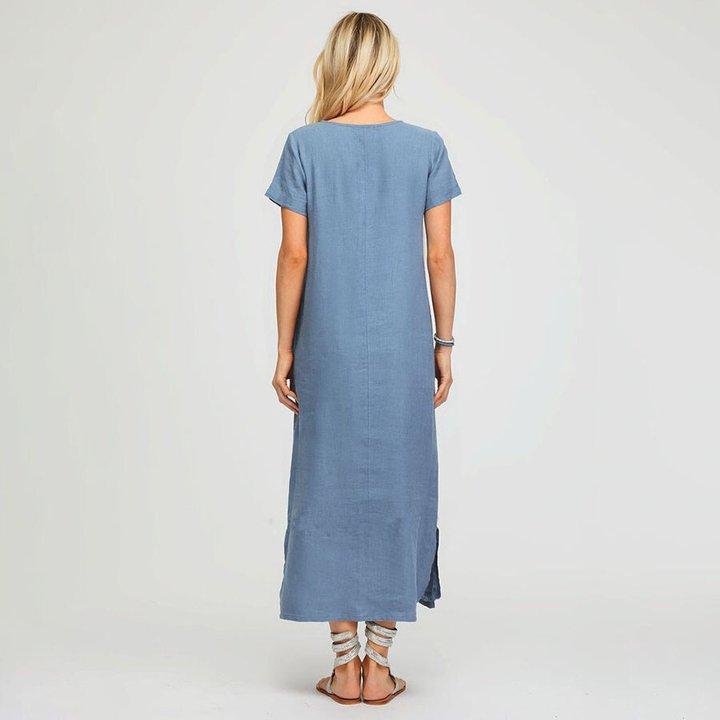 Solid Color Cotton Linen Loose Round Neck Mid-Lengthl Dress