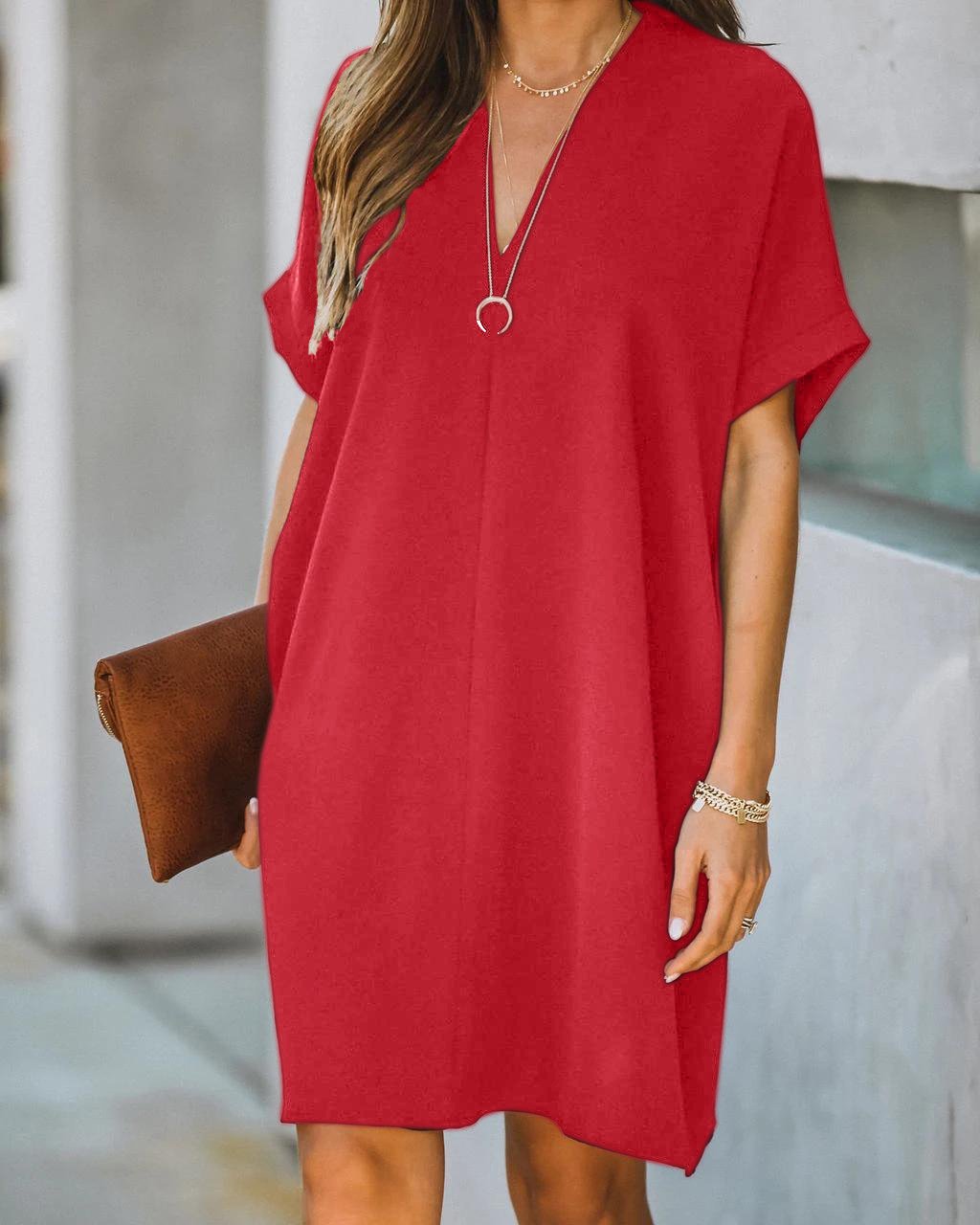Women's V-neck short-sleeved solid color loose dresses women
