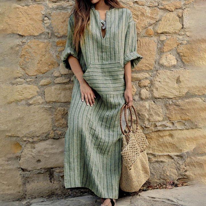 Casual Loose Cotton And Linen Stripe Dress