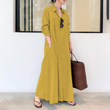 Women Maxi Cotton Solid Color Lapel Long Sleeve Shirt Dress with Pockets