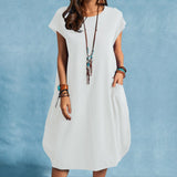 Cotton Linen Loose Casual Solid Color Pocket Dress