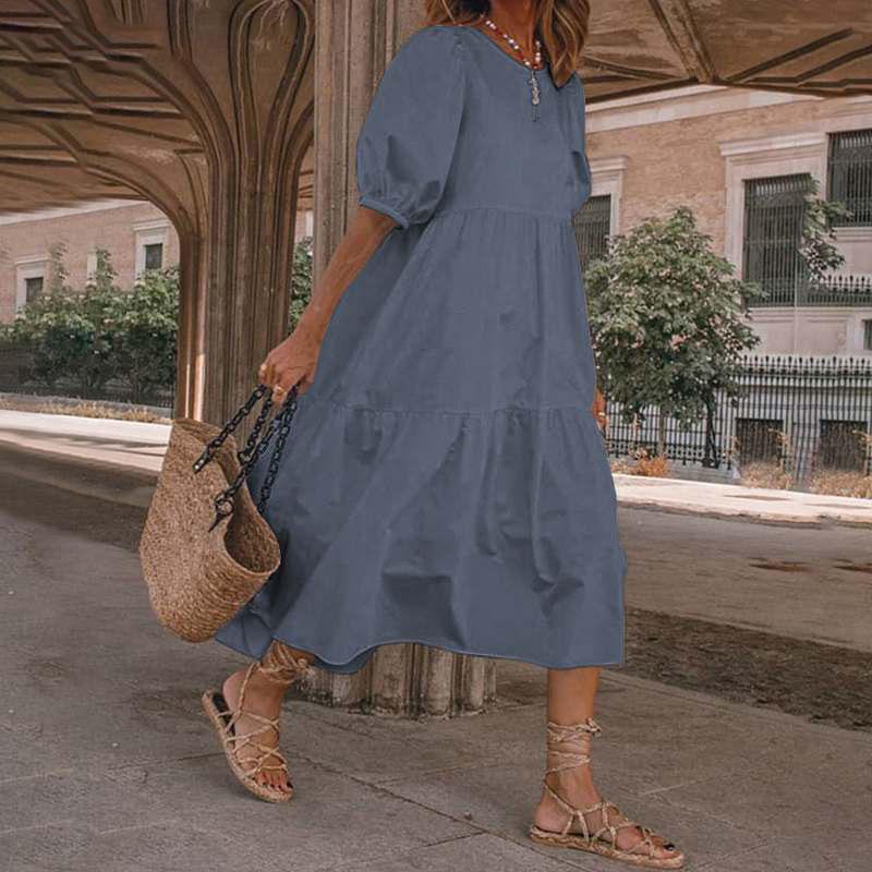 VACATION PUFF SLEEVE COLOR DRESS