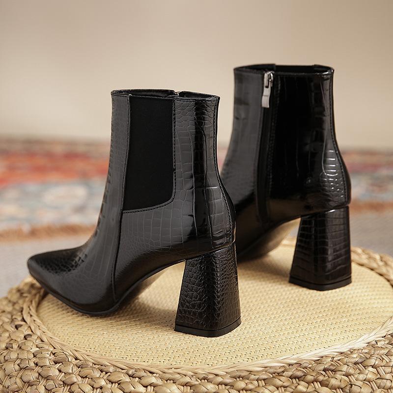 Pointed chunky heel crocodile print boots