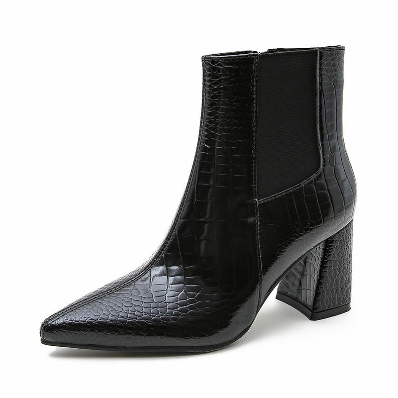 Pointed chunky heel crocodile print boots