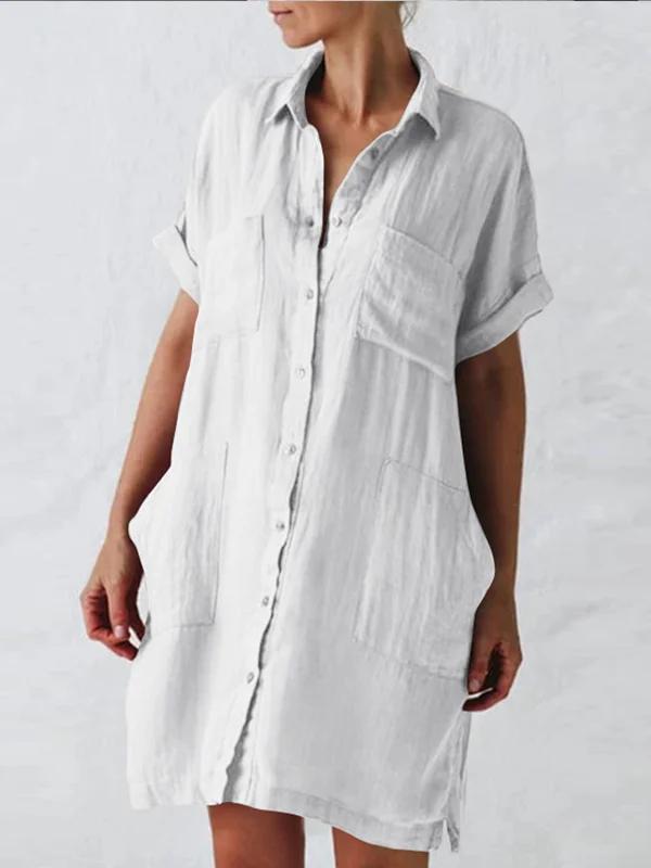 Women's Cotton Linen Medium Sleeve Irregular Pocket Casual Shirt Skirt