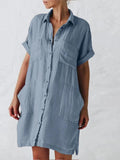 Women's Cotton Linen Medium Sleeve Irregular Pocket Casual Shirt Skirt